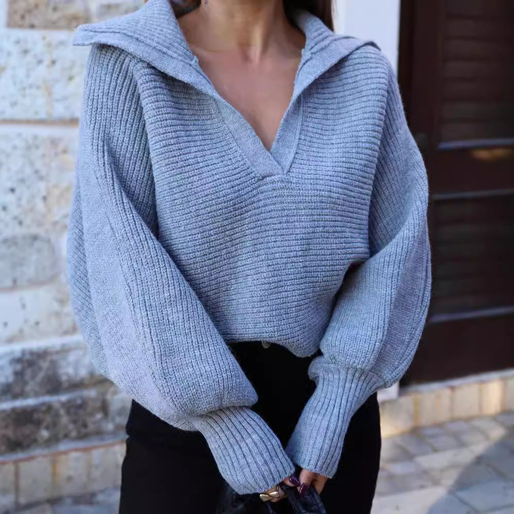 Damen Oversize Rippsweater mit Reverskragen und tiefem V‑Ausschnitt Chichicherry