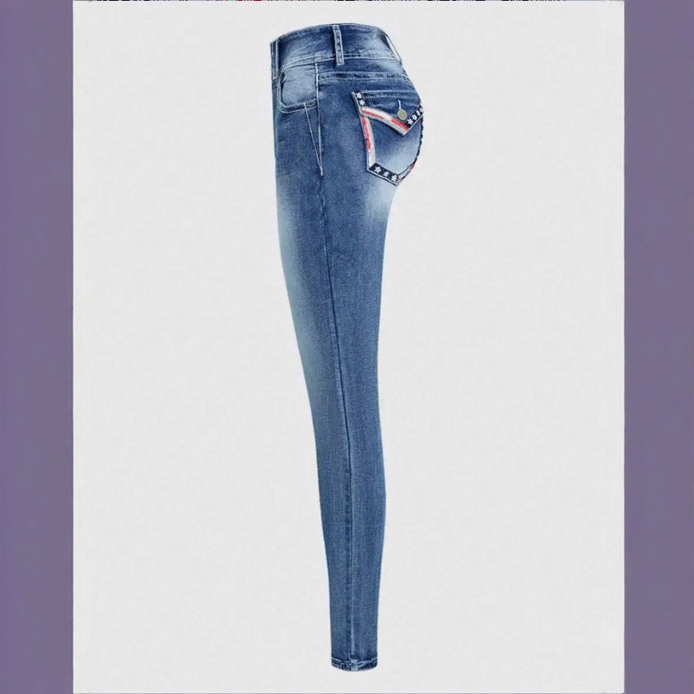 Women High-Waisted Cropped Skinny Jeans with Double Button and Vintage Wash Chichicherry
