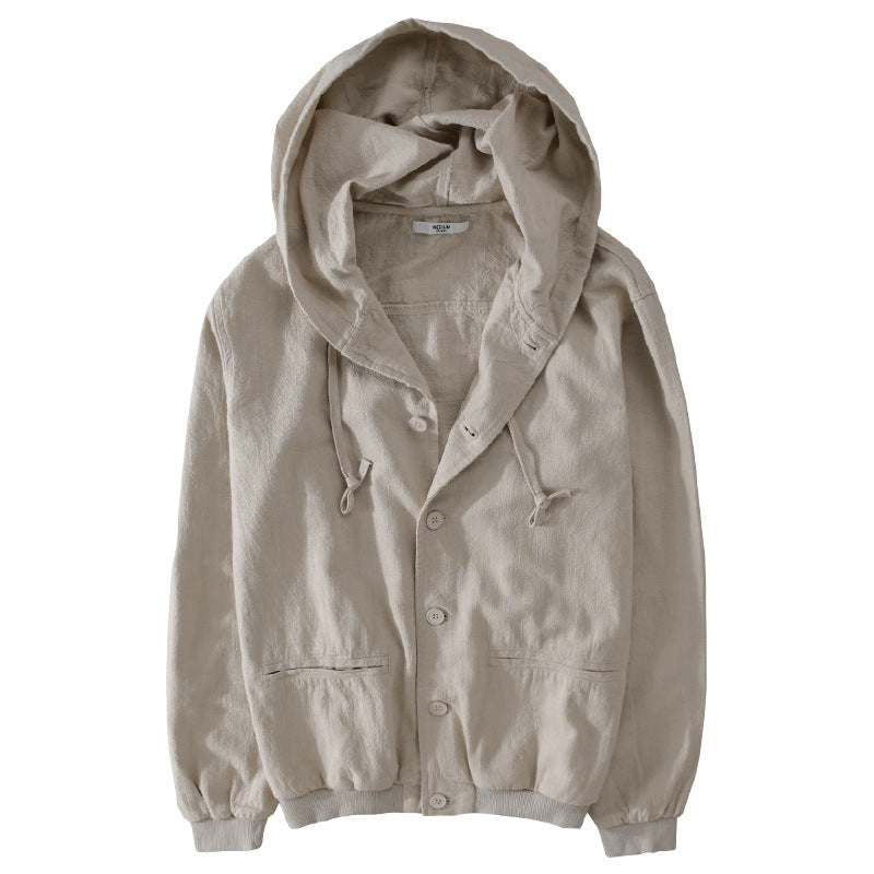 Men's Lightweight Linen Hoodie Jacket with Button Placket and Drawstring Chichicherry