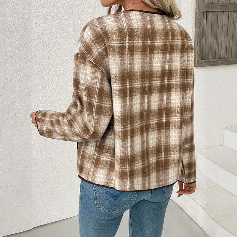 Ladies Checked Transitional Jacket with Round Neck, Contrast Trim and Button Placket Chichicherry