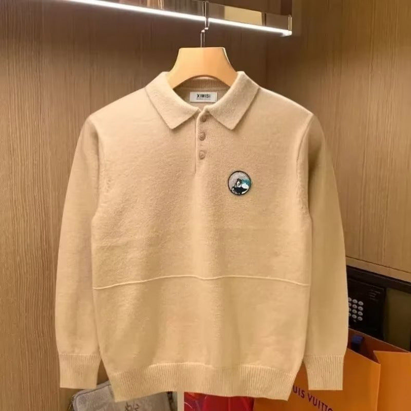 Herren Polokragen-Feinstrickpullover mit Emblem und gerippten Bündchen Chichicherry