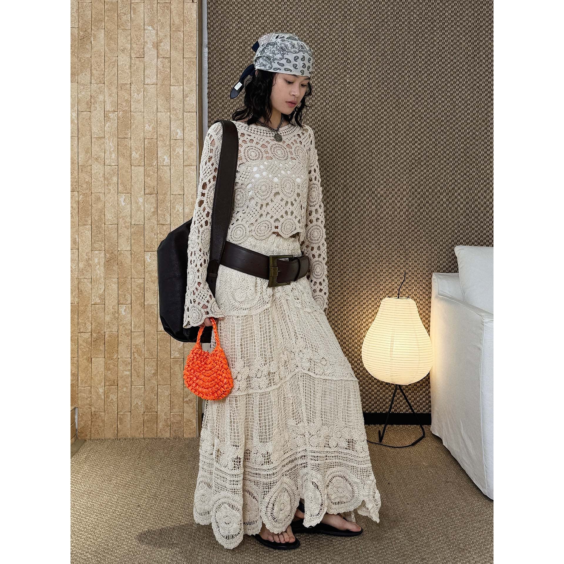 Ladies Crocheted Boho Set of Crop Top with Long Sleeve and Maxi Skirt Chichicherry