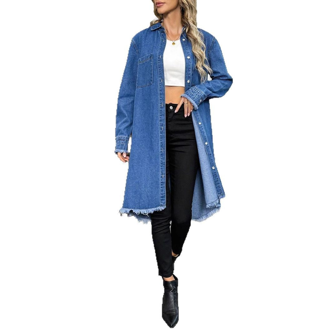 Women's Oversize Denim Shirt Jacket in Longline Cut with Frayed Hem Chichicherry