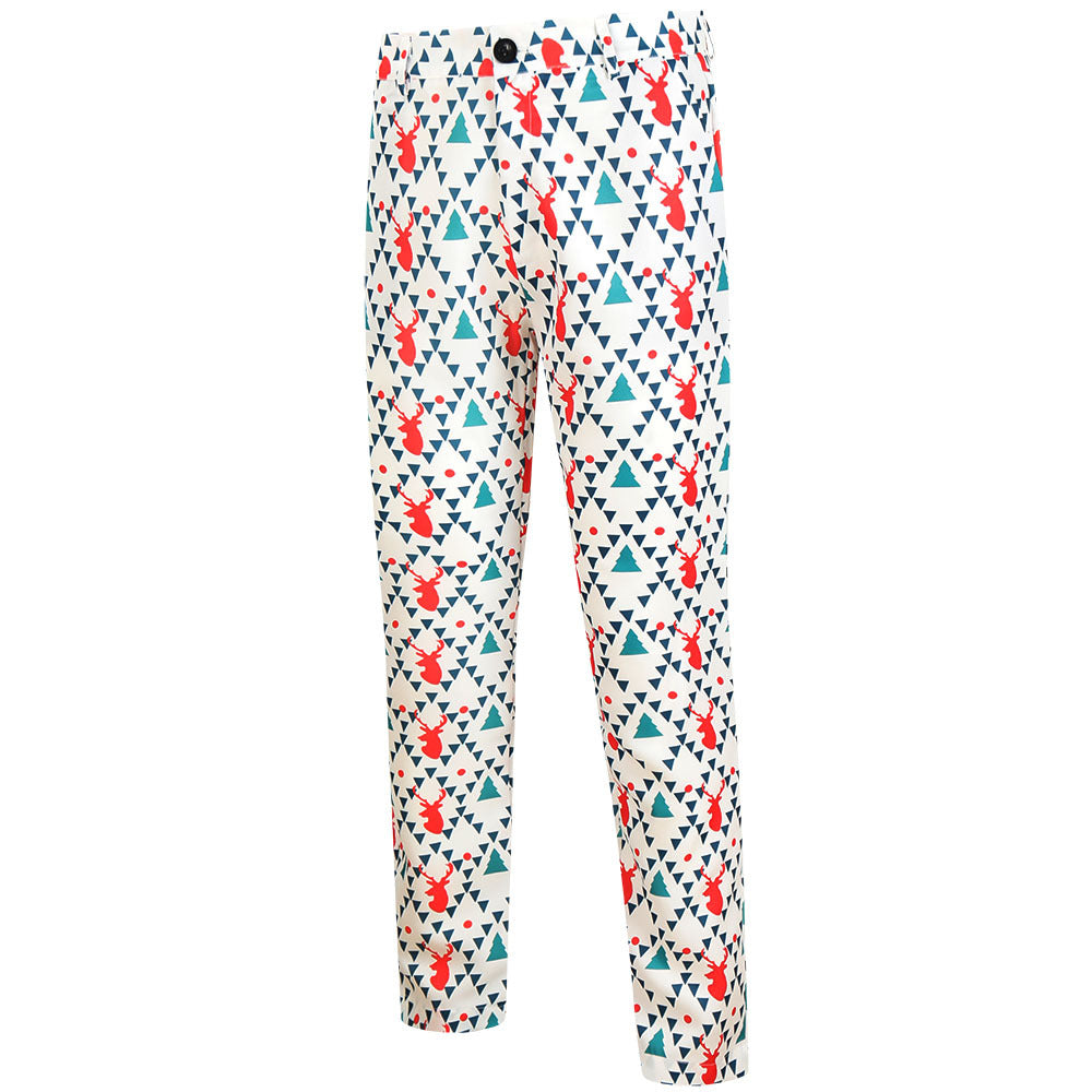 Men's Christmas three-piece suit set with jacket, vest, and trousers in all-over reindeer-tree pattern Chichicherry