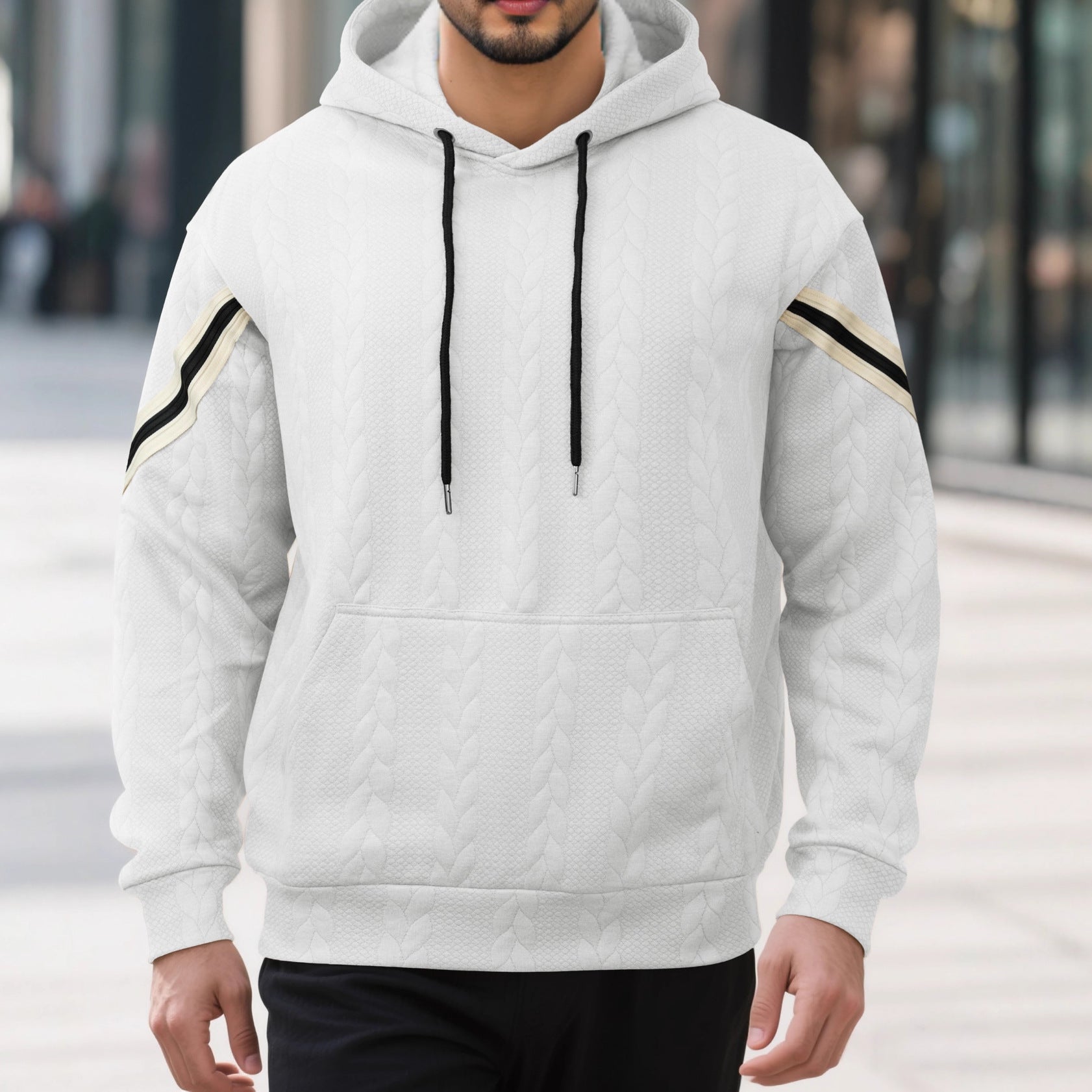 Men's Cable Knit Hoodie with Kangaroo Pocket and Contrast Stripes Chichicherry