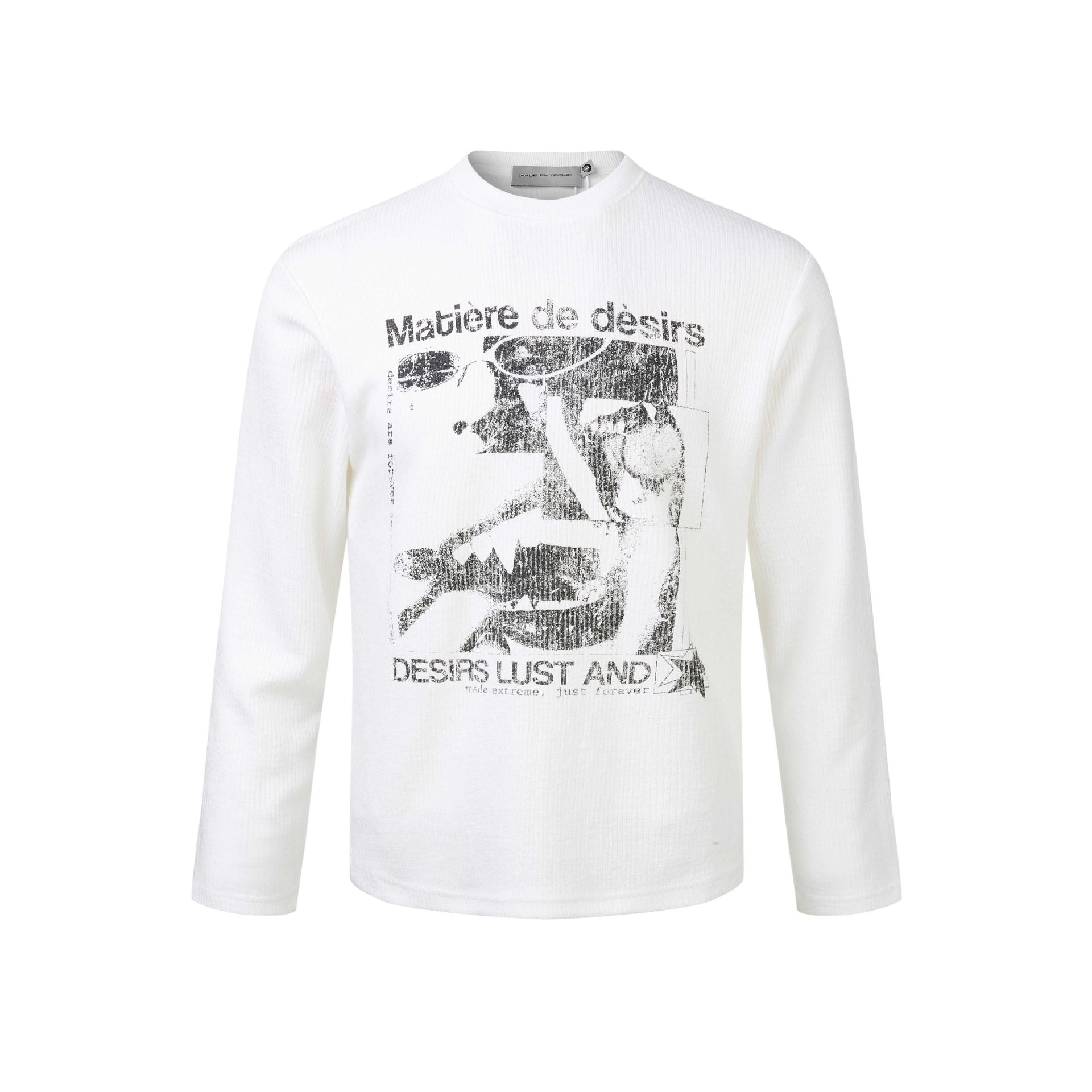 Unisex Ribbed Long Sleeve Shirt with Crew Neck and Distressed Graphic Print Chichicherry