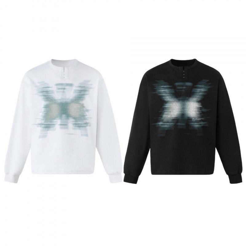 Unisex Oversize Sweatshirt with Henley Neckline and Blurry Butterfly Print Chichicherry
