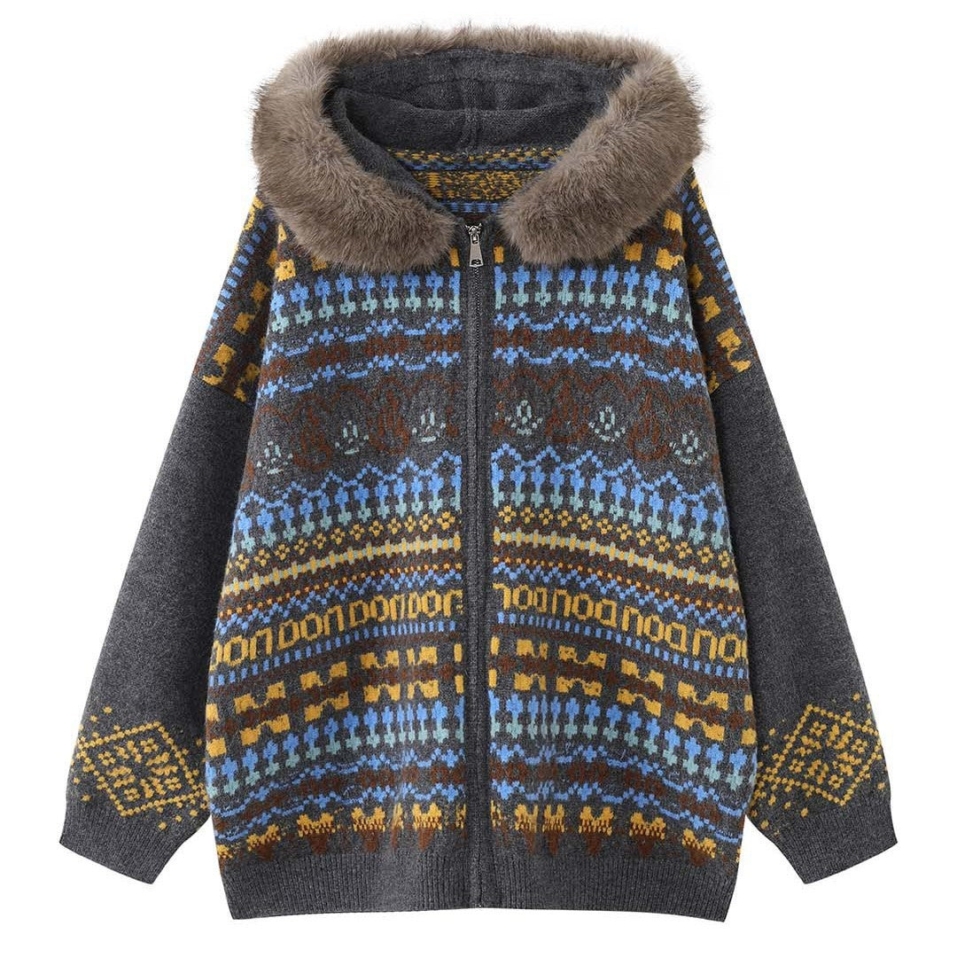 Women's patterned cardigan with faux fur hood and zipper Chichicherry