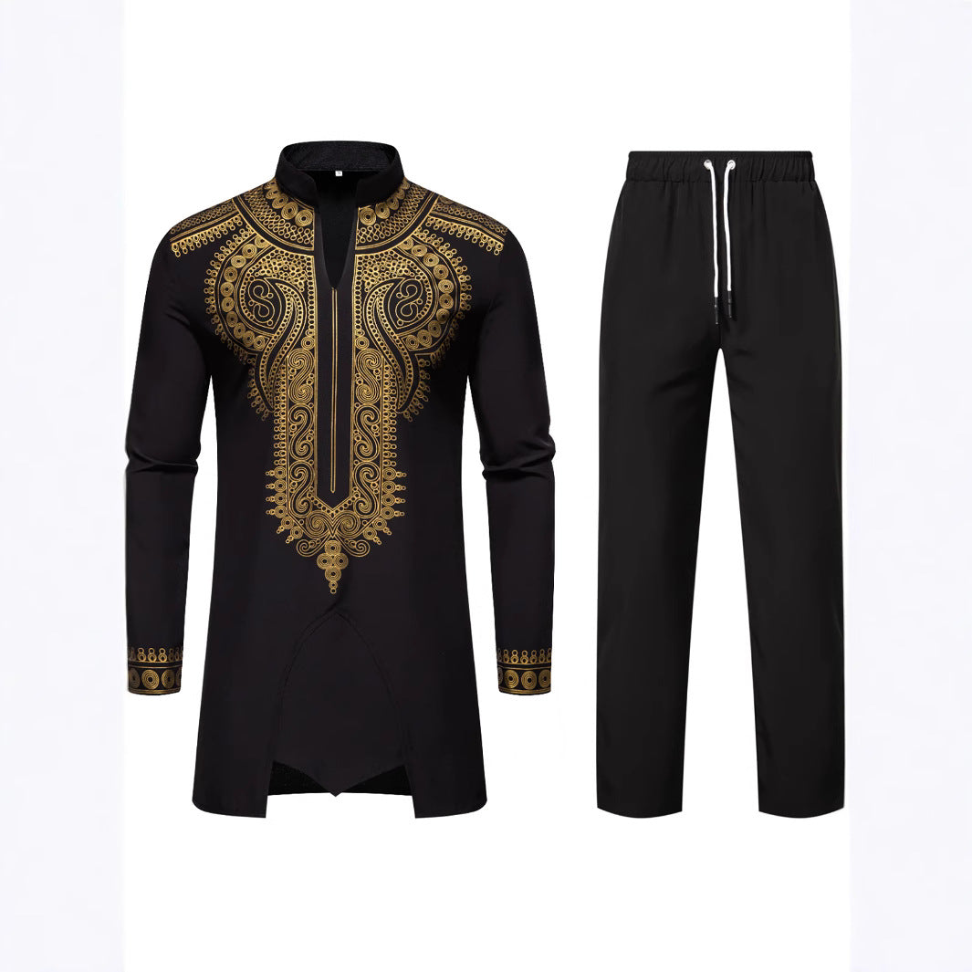Men's Traditional Embroidered Tunic Set with Mandarin Collar and Elastic Pants Chichicherry