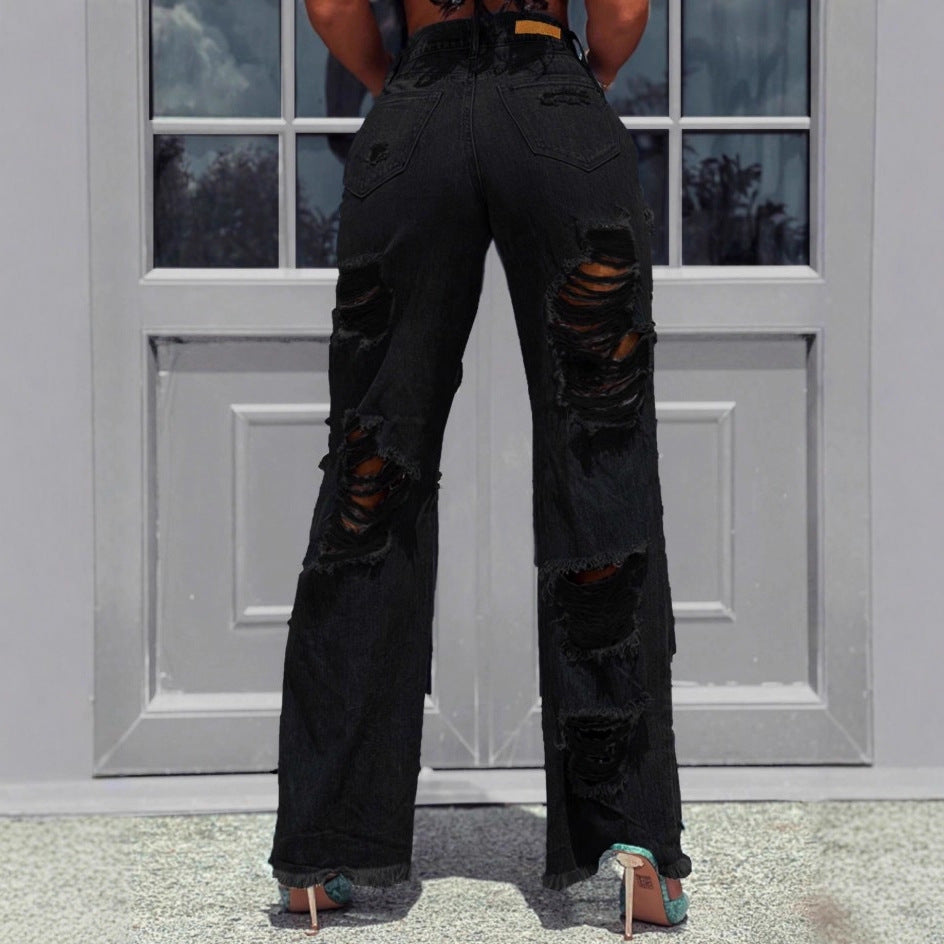Ladies high-waisted destroyed jeans with wide legs and large knee rips Chichicherry