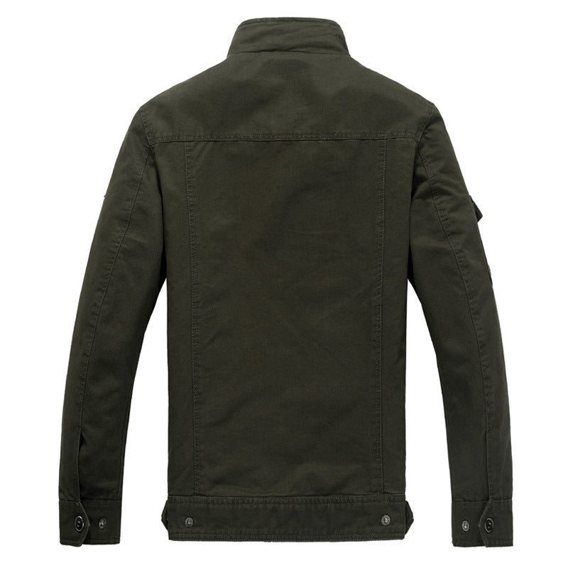 Men's canvas field jacket in pilot style with stand-up collar, utility pockets, and badge applications Chichicherry