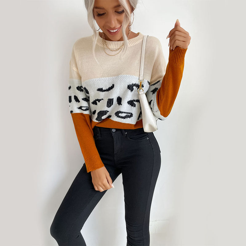 Women's Boxy Knit Sweater in Colorblock Leopard Mix with Round Neck and Ribbed Sleeves