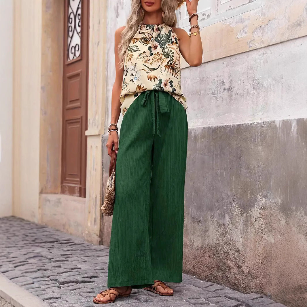 Women wide linen pants with drawstring and pleat look Chichicherry