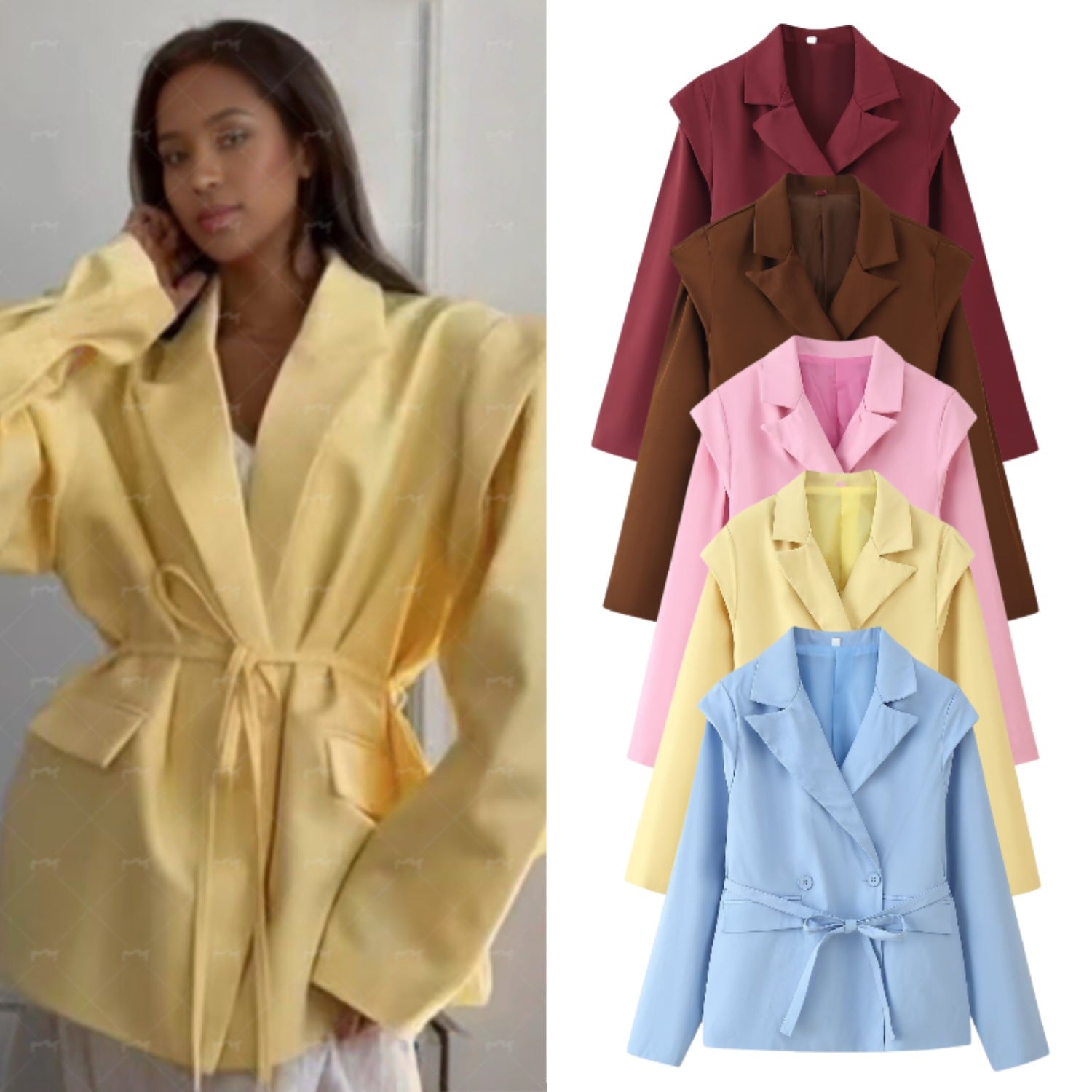 Women Tailored Belted Blazer with Double Button Placket and Notched Lapel Chichicherry