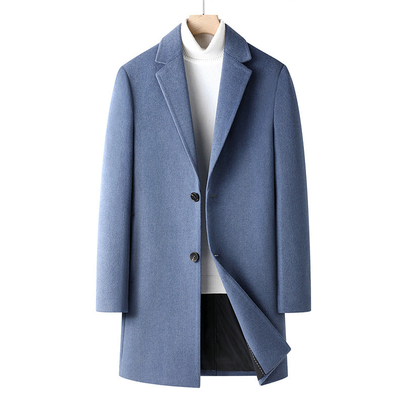 Men's Single-breasted Wool Blend Overcoat with Narrow Lapels and Slim Fit Chichicherry