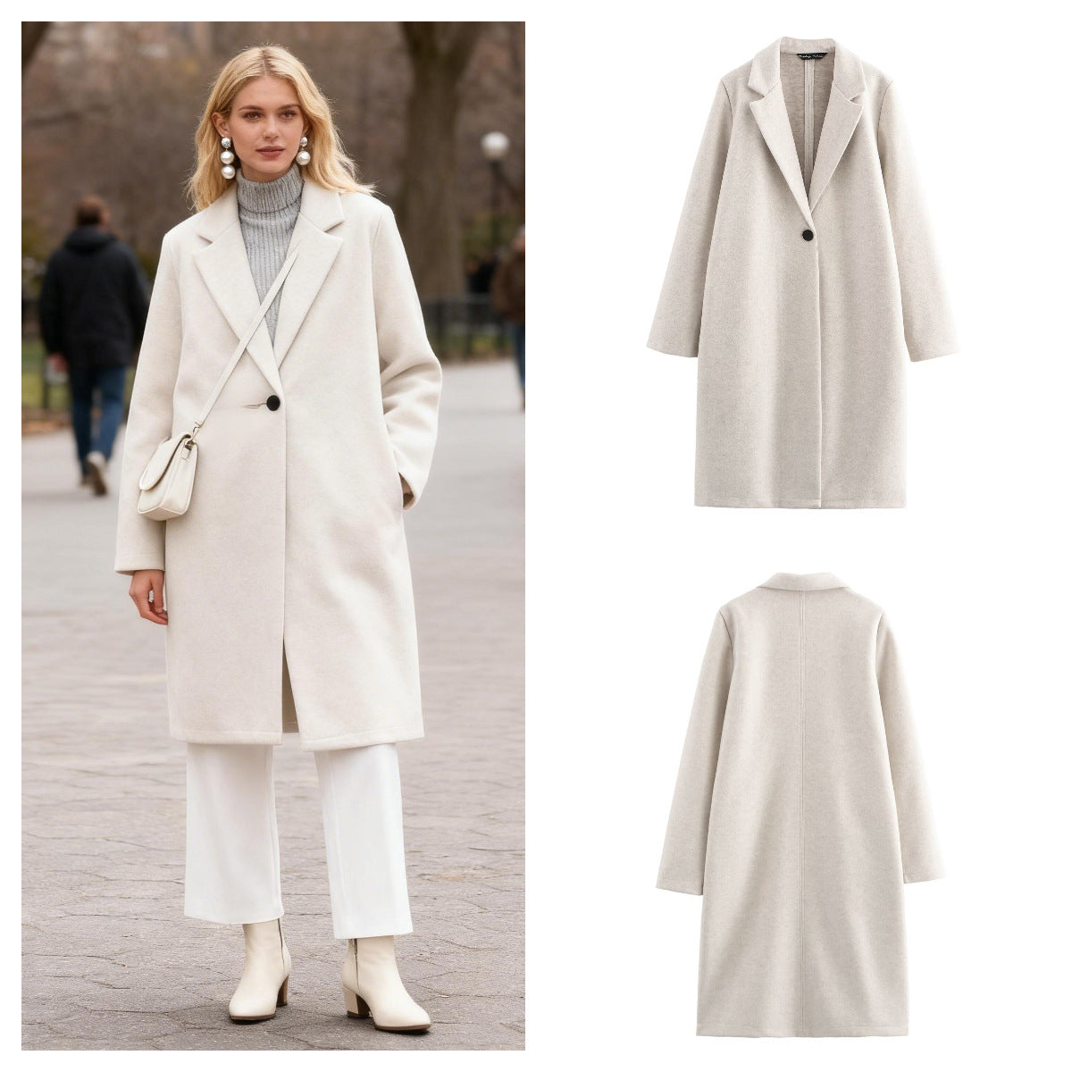 Ladies Purist longline coat with lapel collar, single button closure and soft felt finish Chichicherry