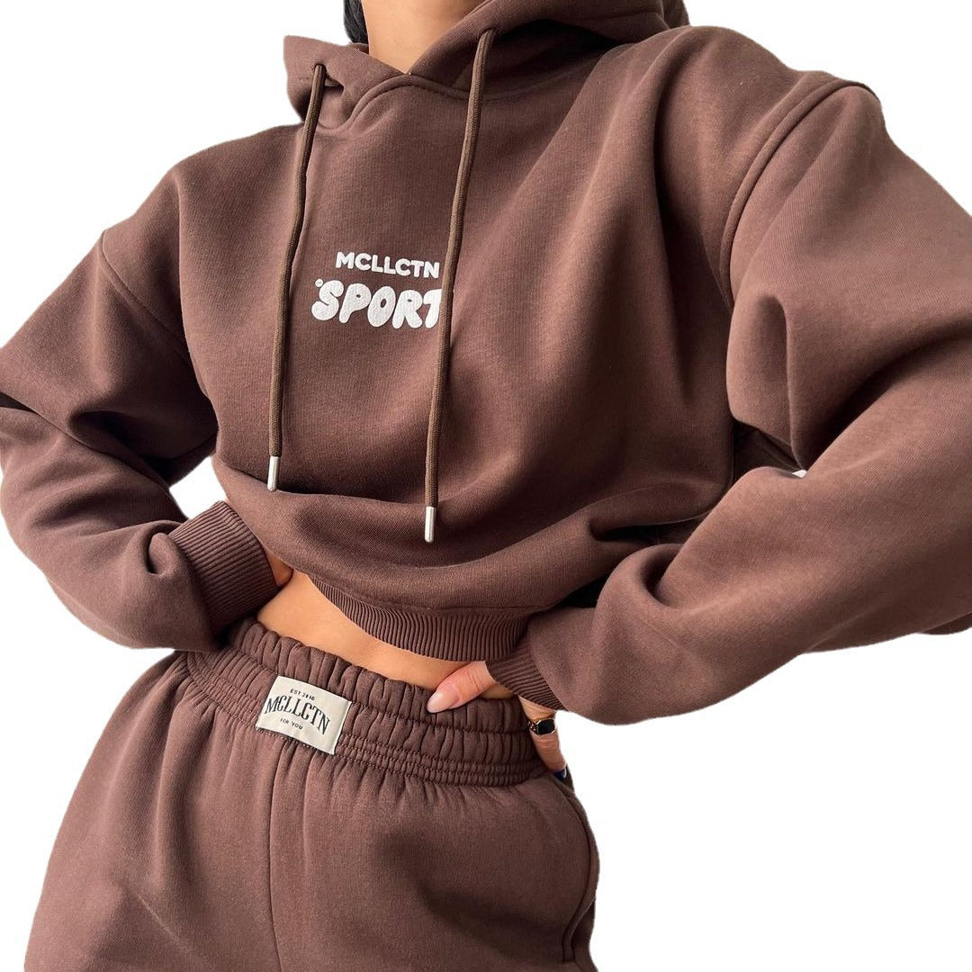 Damen Cropped Kapuzenpullover und High‑Waist Jogginghose Lounge‑Set aus Baumwollfleece Chichicherry
