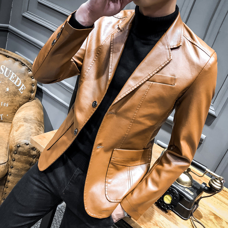 Men's Leather Blazer in Slim Fit with Notch Lapel and Two-Button Front Chichicherry