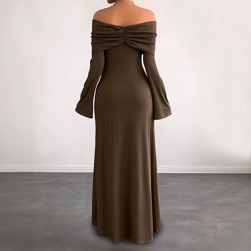 Ladies Off-Shoulder Maxi Dress with Gathered Bust Area and Narrow A-Line Skirt