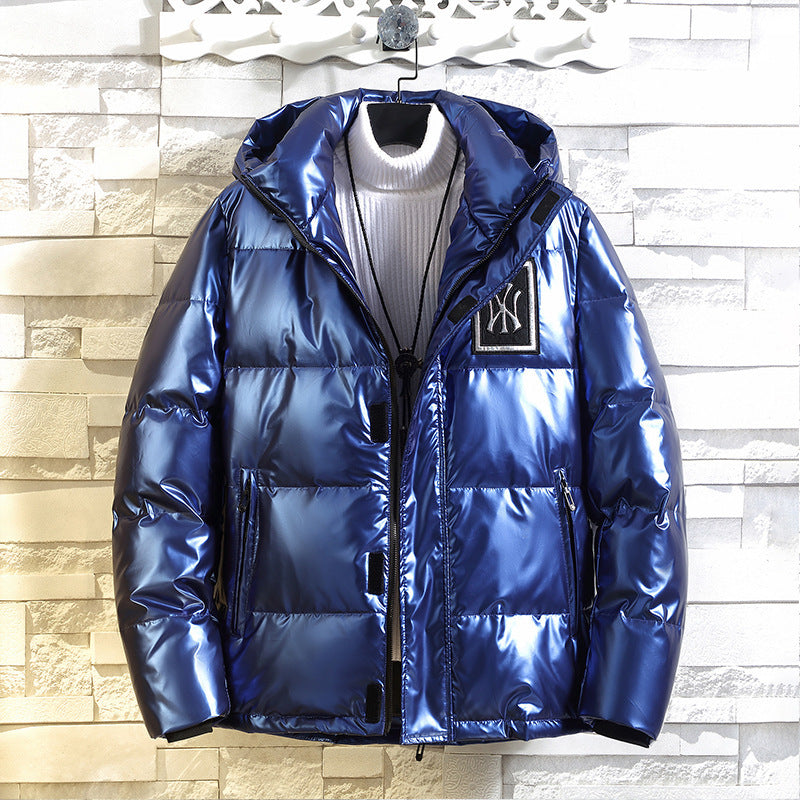 Men's shiny metallic padded jacket with hood, windproof surface and sporty utility design Chichicherry