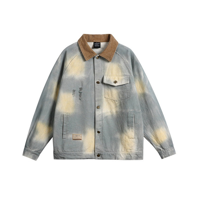 Men's Oversized Denim Jacket with Corduroy Collar and Tie-Dye Effect Chichicherry