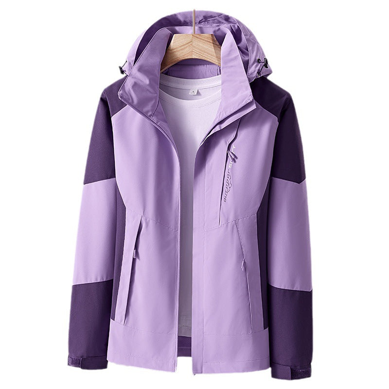Unisex Breathable Softshell Outdoor Jacket in Colorblock Design with Adjustable Hood and Concealed Two-Way Zipper Chichicherry