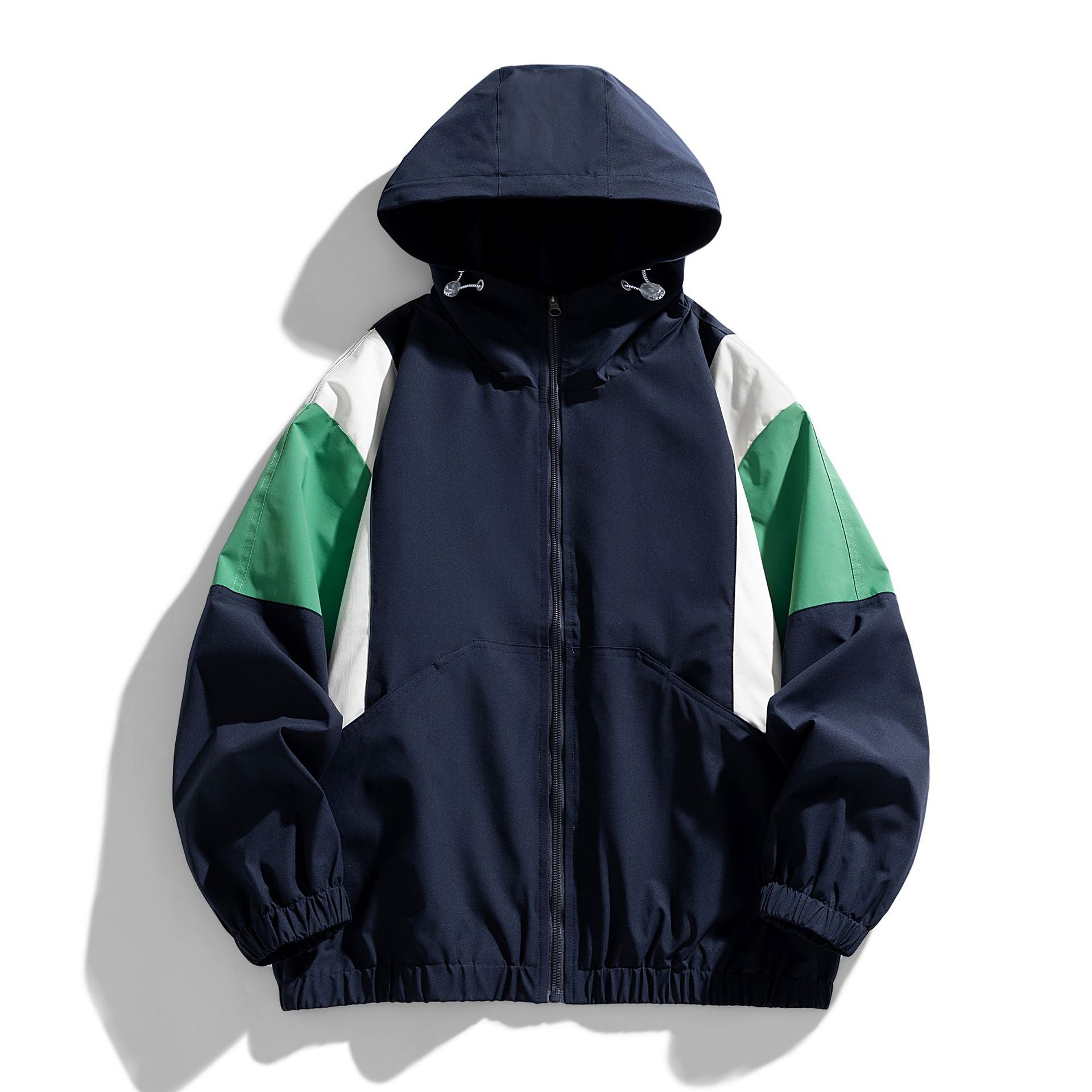 Men's Colorblock Windbreaker Hooded Jacket with Zipper and Elastic Hem Chichicherry