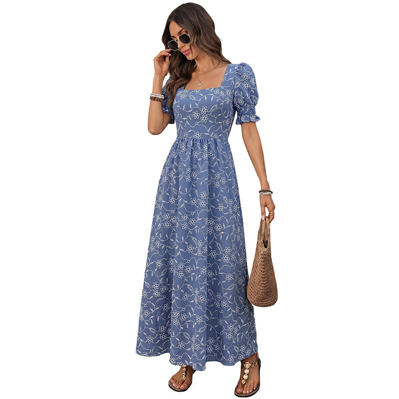 Women's Long Light Summer Maxi Dress with Square Neckline, Puff Sleeves and Floral Embroidery Look Chichicherry