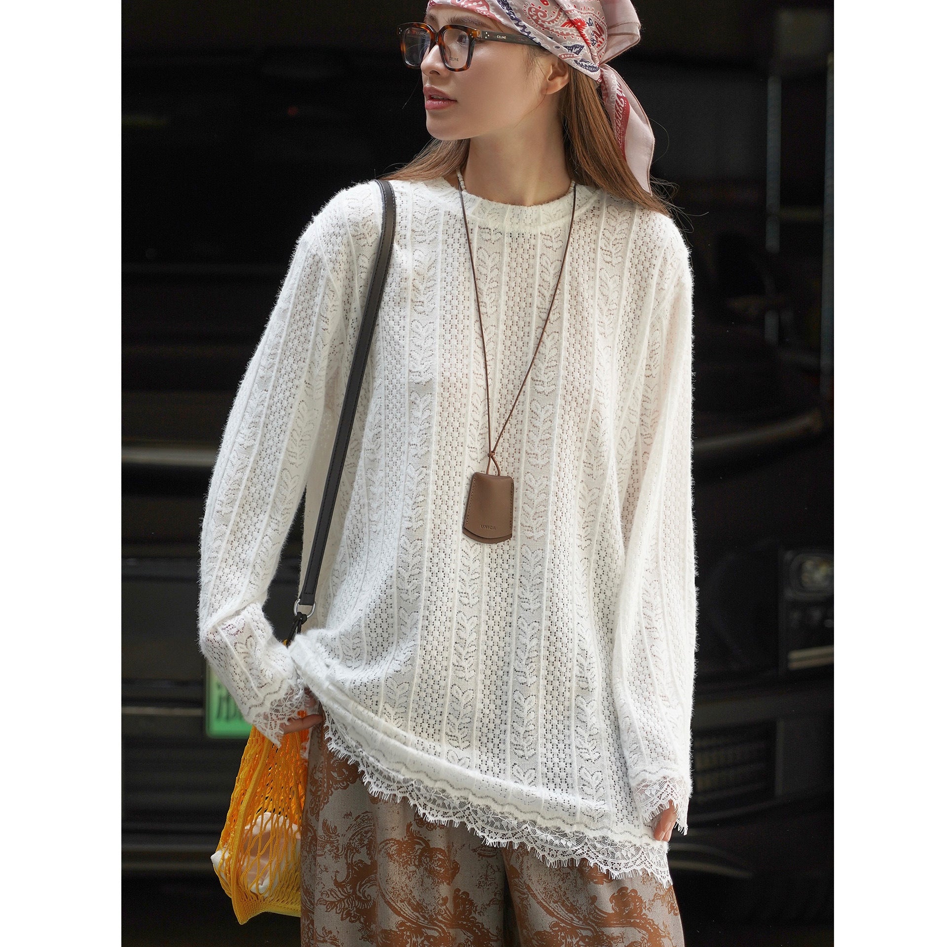 Women Transparent Lace-knit Pullover with Lace Edge Chichicherry