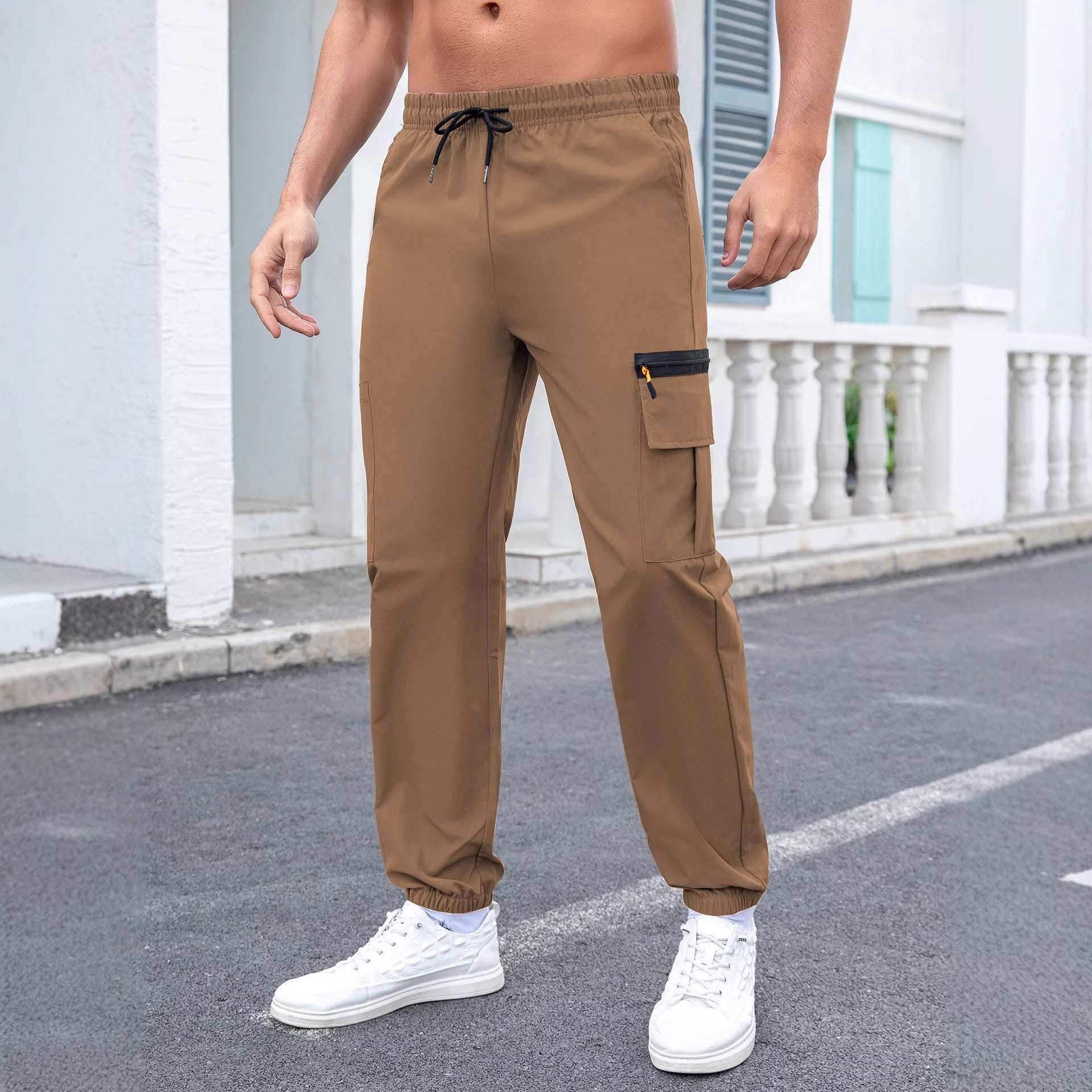 Men's Tech Cargo Jogging Pants with Elastic Drawstring, Zipper Leg Pocket & Fitted Ankle Cuff Chichicherry