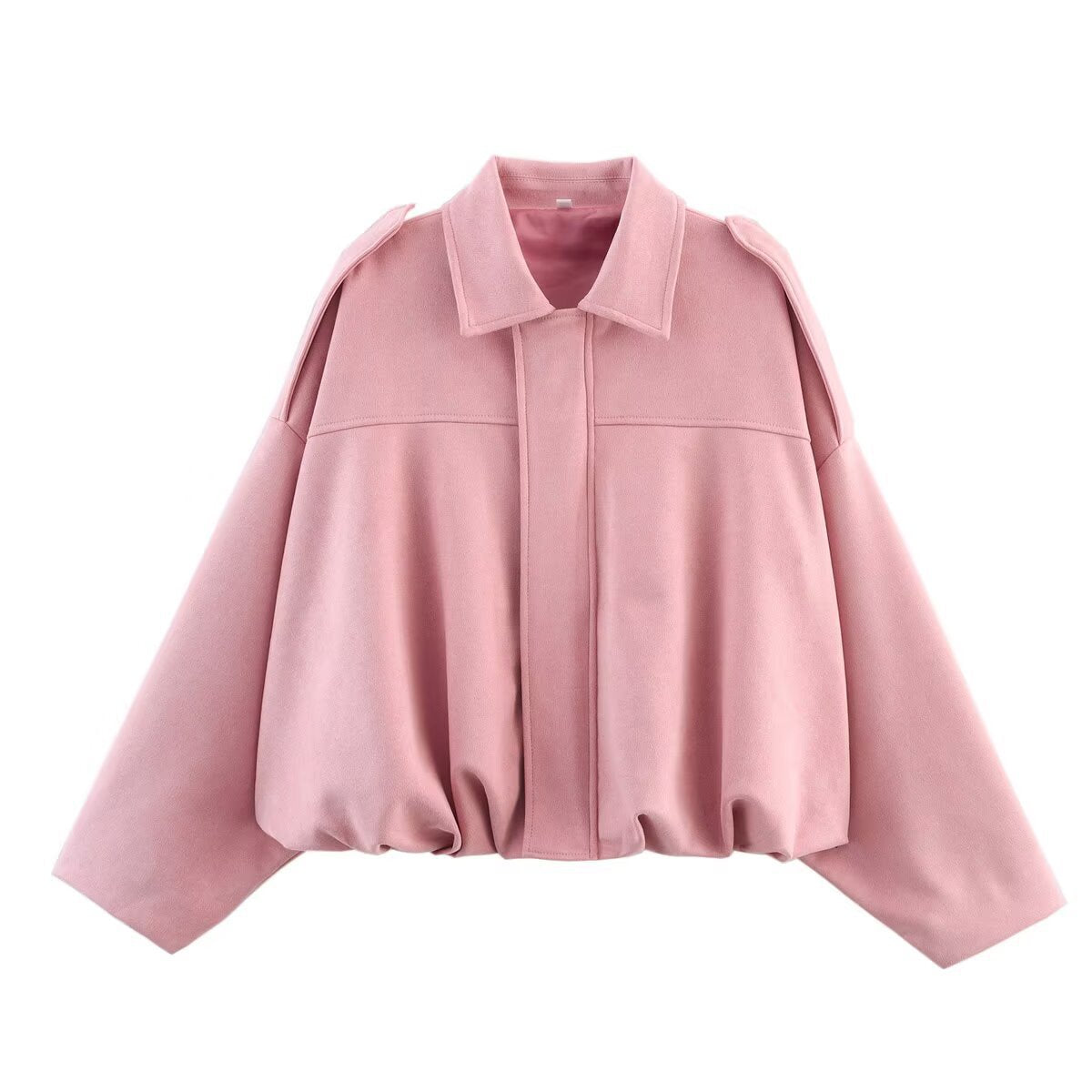 Women’s short bomber-style jacket with oversized silhouette, shoulder patches, and elastic hem Chichicherry