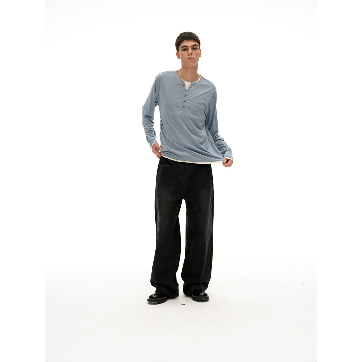 Unisex cotton blend henley shirt with double-layer collar and wooden button placket Chichicherry