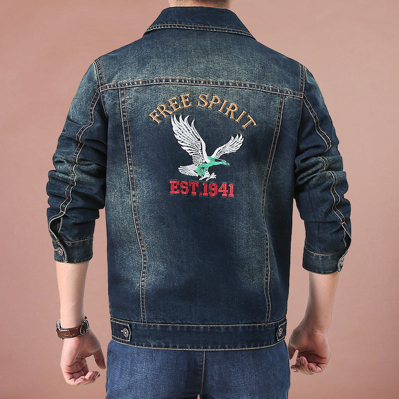 Men's jeans jacket in vintage look with patches and printed lining Chichicherry