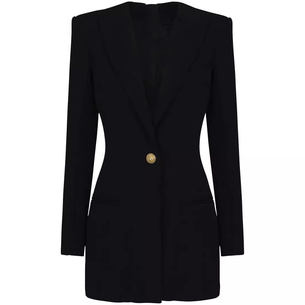 Women's short blazer dress in minimalist tailoring with emphasized shoulder and single-button closure Chichicherry