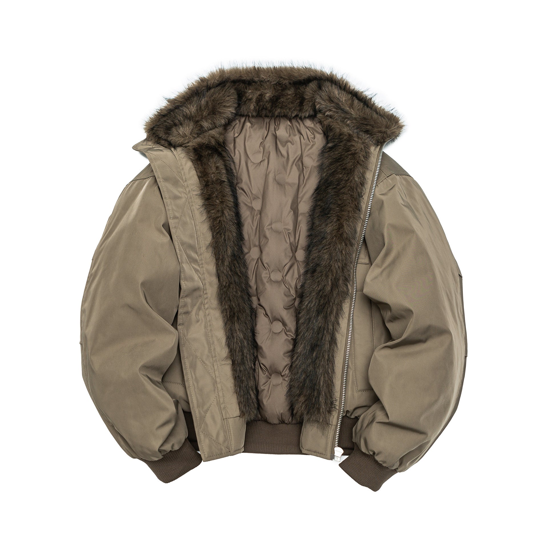 Men's Quilted Short Bomber Jacket with Removable Faux Fur Hood and Patch Front Pockets Chichicherry