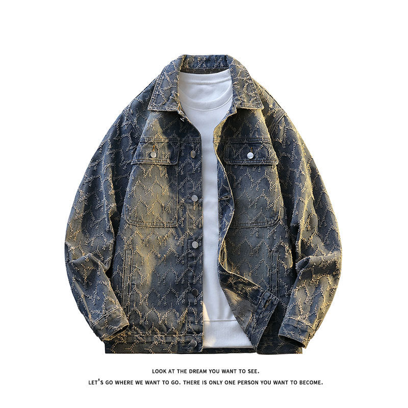 Men's Oversize Denim Jacket with Quilted Allover Pattern and Chest Pockets Chichicherry