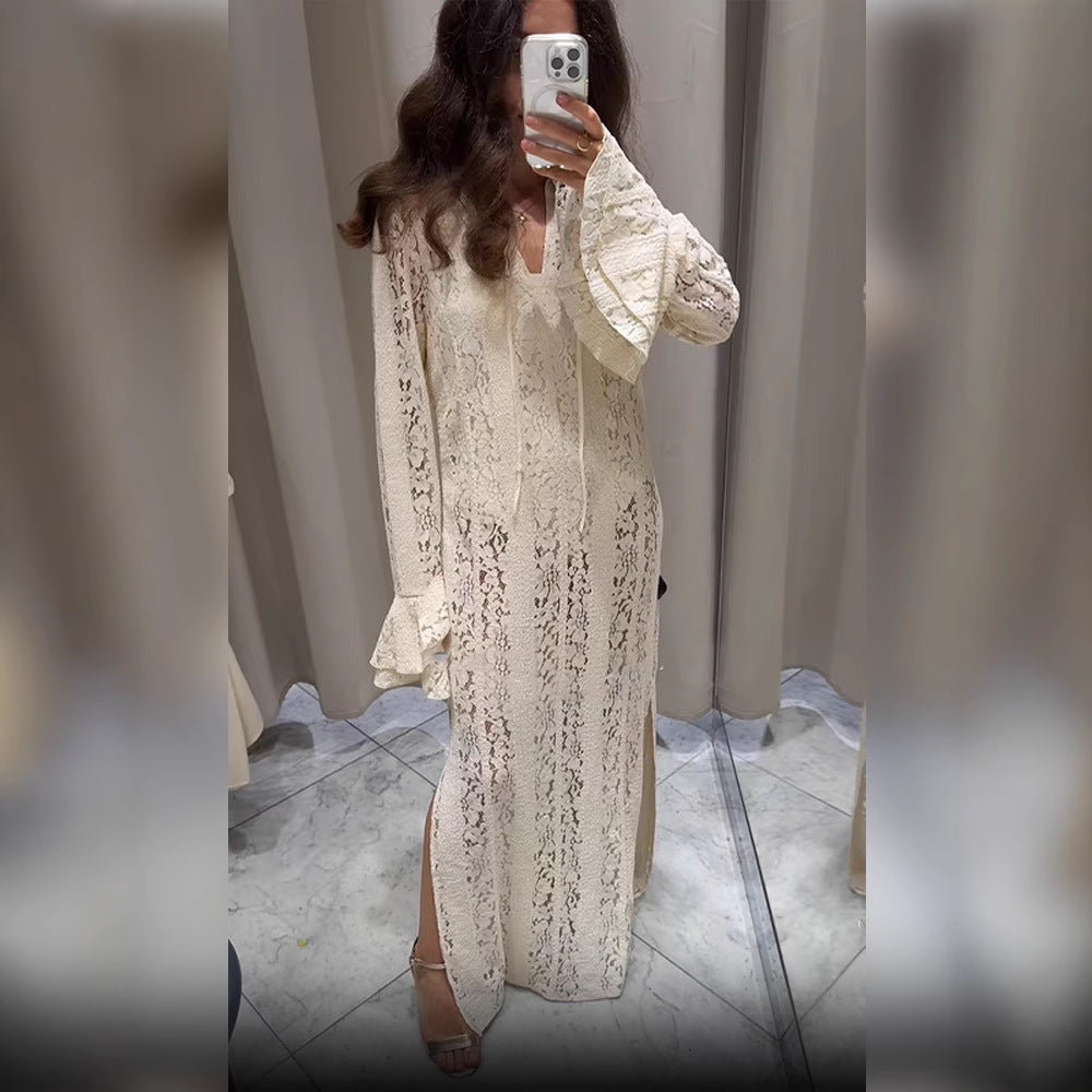 Women's Lace Maxi Dress with V-Neck, Bell Sleeves, and Side Slit Chichicherry