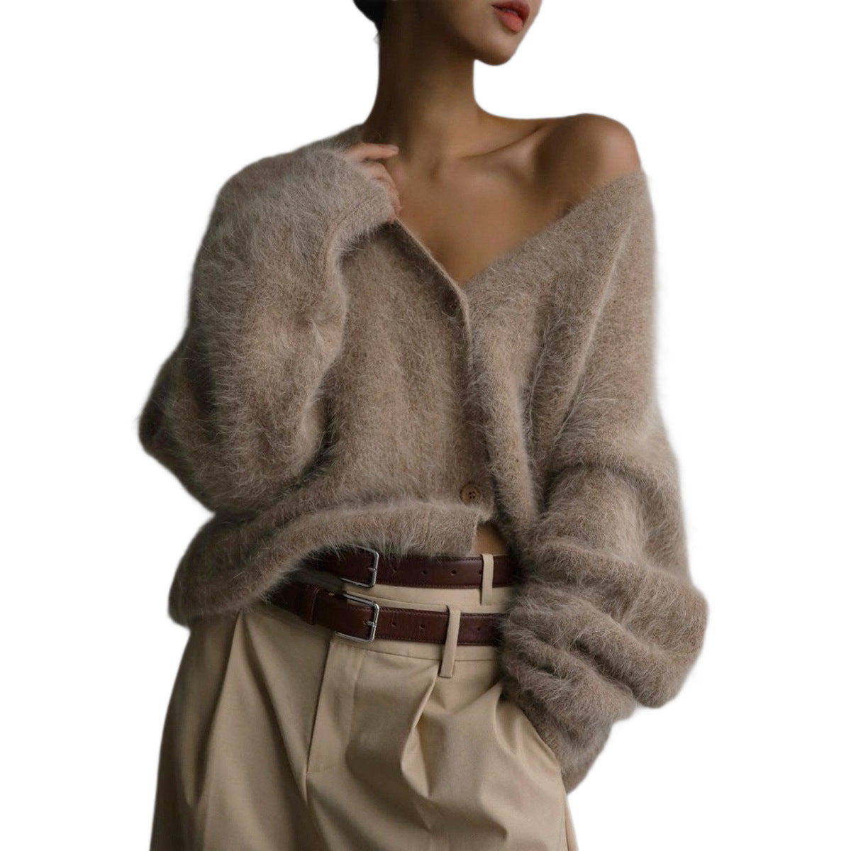 Damen Flauschige Mohair-Optik Strickjacke mit V-Ausschnitt und Oversize-Schnitt Chichicherry