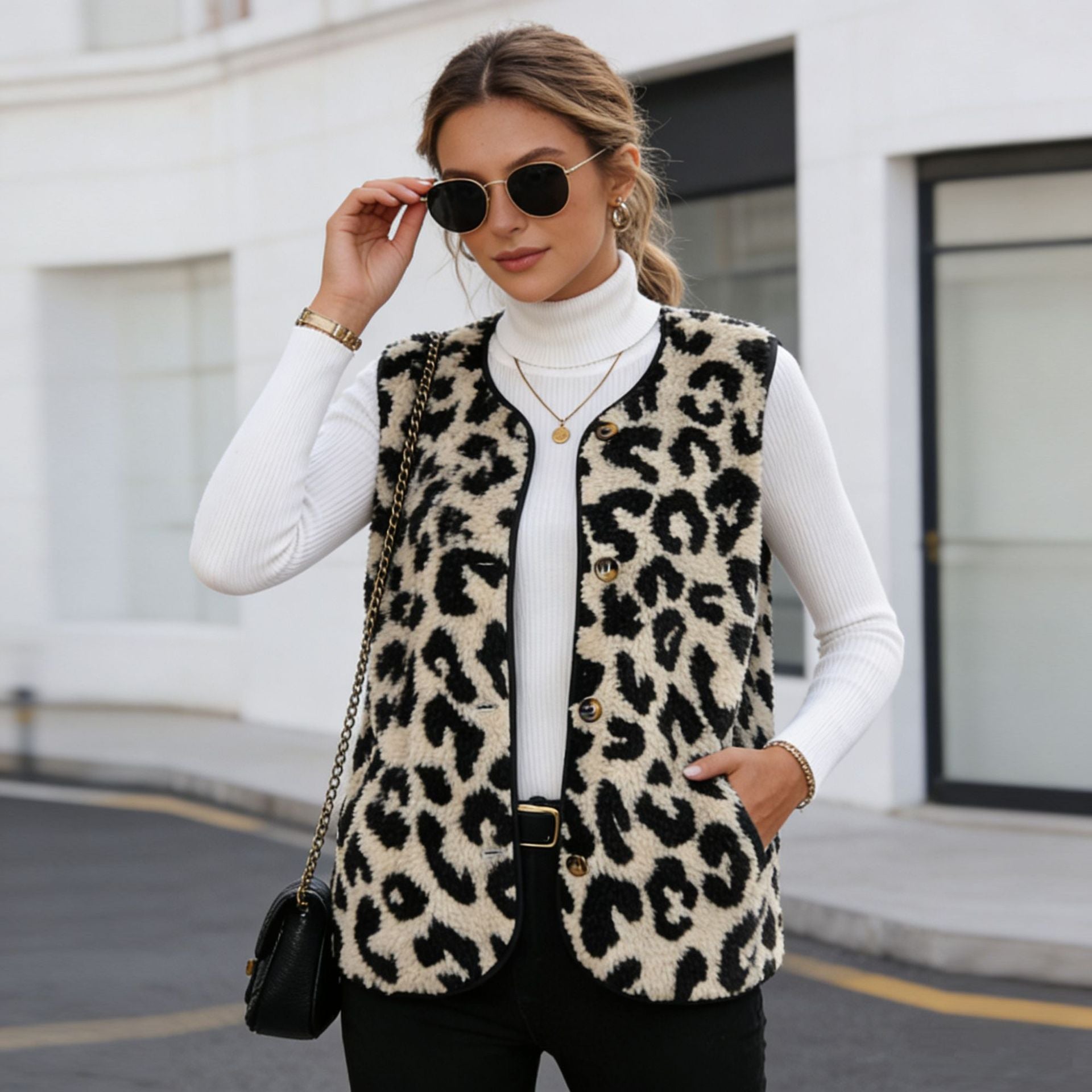 Women Sleeveless Teddy Vest with Leo Pattern, Button Placket and Curved Hem Chichicherry