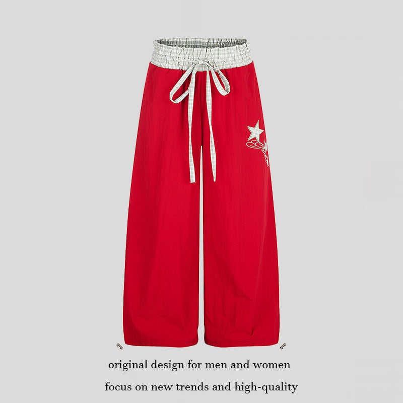 Women's Palazzo Lounge Pants with High Drawstring Waist, Checkered Comfort Waistband and Star Applique Chichicherry