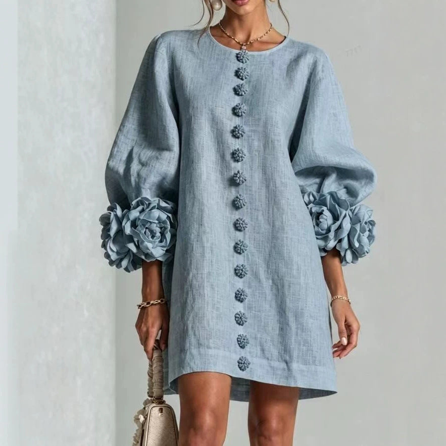 Damen Midikleid mit voluminösen Puffärmeln, 3D-Blütenknopfleiste und Leinenstruktur Chichicherry