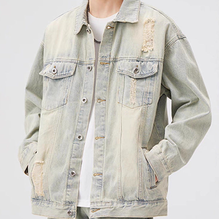 Herren Oversized Jeansjacke mit Used-Waschung und Destroy-Details Chichicherry