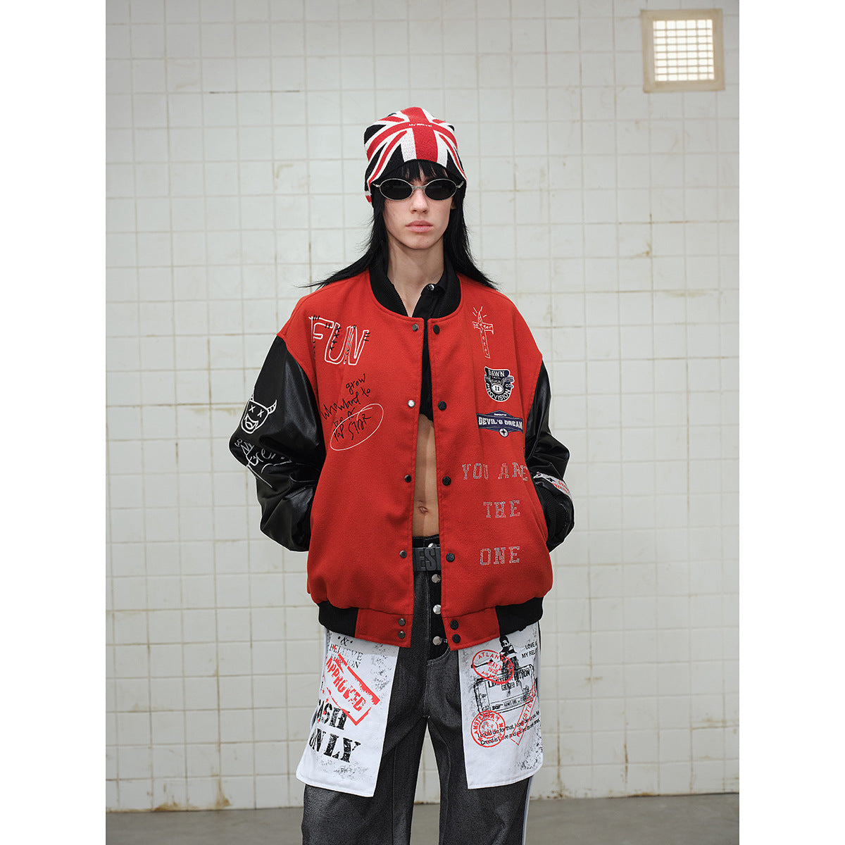 Unisex Varsity Bomber Jacket in College Look with Wool Blend Body and Faux Leather Sleeves Chichicherry