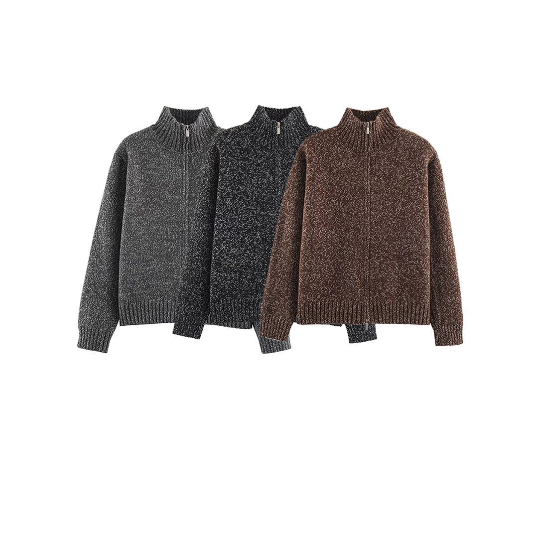 Women's Chunky Knit Zip Sweater with Stand-Up Collar and Ribbed Hem Chichicherry