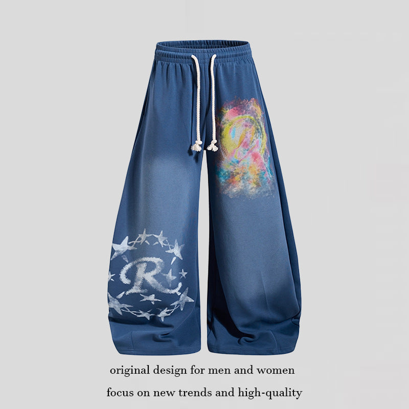 Women Wide Palazzo Sweatpants with Elastic Waistband, Drawstring and Creative Allover Prints Chichicherry