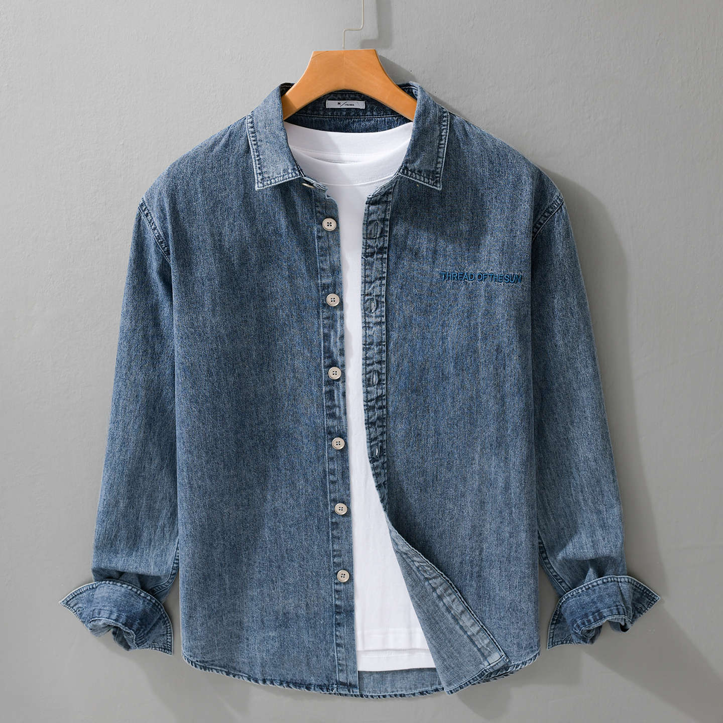 Men's relaxed denim overshirt with button placket and chest embroidery Chichicherry