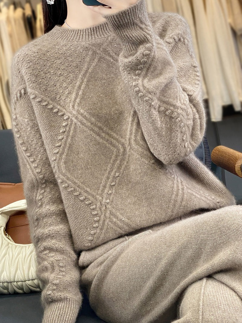 Women Cozy Mohair-Look Oversized Sweater with Diamond Structure and Nubby Details Chichicherry