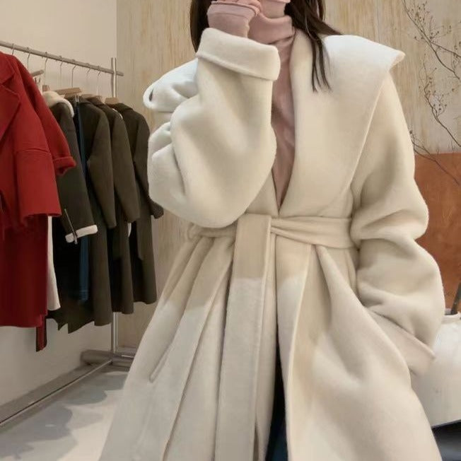 Women's Short Wool Coat with Waist Belt and Oversized Sleeves Chichicherry