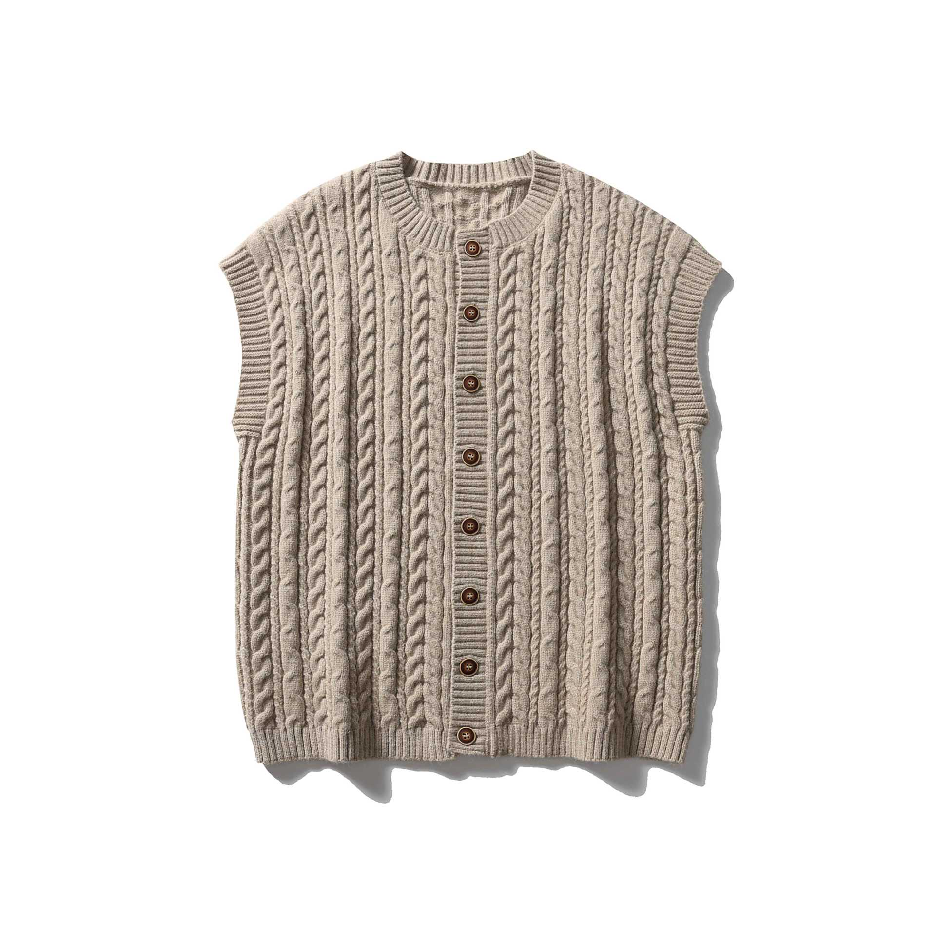 Women's Sleeveless Cable Knit Vest with Wooden Buttons and Ribbed Hem Chichicherry