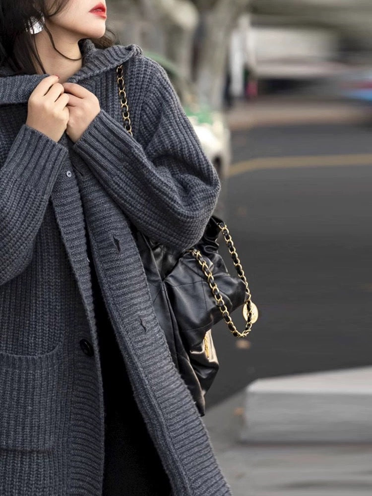 Women Long Hooded Cardigan made of bulky rib knit with pockets Chichicherry